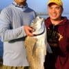 The Houston fishing team of Nadeem Khan and Jimmy Tran wrangled up this bull drum on shrimp then released it.