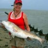 Sherry Culver of Nassau Bay TX was fishing cut mullet when this MONSTER 41 inch Tagger bull red hit- her largest ever to date- she then released her trophy