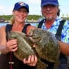 Wade-buddy team Nancy and Rick Tally of Port Bolivar TX waded Rollover Bay with Berkley Gulp for these two nice flounder
