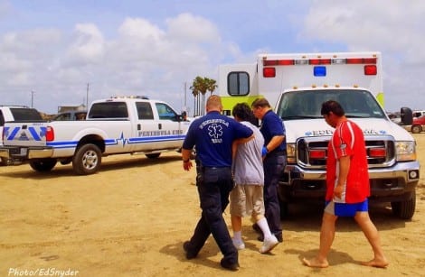 Bolivar EMS assists hardhead puncture patient  into the Ambulance for hospital run. Angler had a bad reaction from a hardhead puncture where he almost had a heart attack.