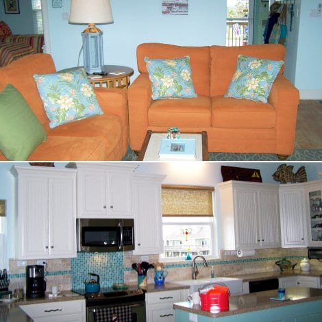 You will find shades of orange and turquoise in and throughout the house.  