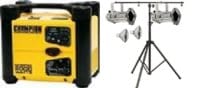 Portable Generators are much smaller and quieter, able to power the tripod mounted lights.