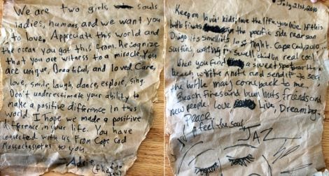 Notes were written on each side of what looked like a torn up brown paper bag. "Adrie" wrote on one side of the paper, and "Jaz" on the other. Click image for larger view.