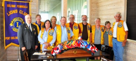 (L to R) Lions Club District Governor Ronnie Martin pictured with newly inducted officers of the Bolivar Peninsula Lions Club: Director Kathy Hammond, Lion Tamer Georgia Osten, Membership Director Brenda Flanagan, President Rob Byus, Vice-President Franks Chambers, Treasurer Brad Bradford, Tail Twister Charlotte Byus, Director Eve Bradford, and Secretary Tom Osten