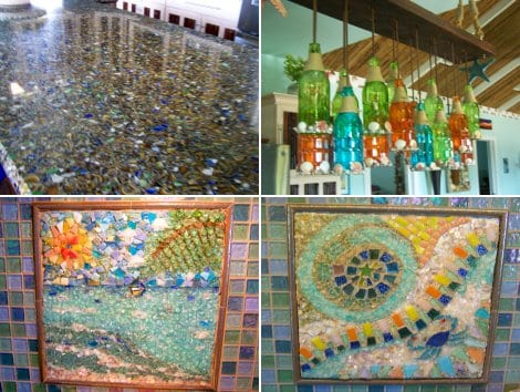 Love the countertops, the backsplash, the mosaic art and the pendant lights that she upcycled. 