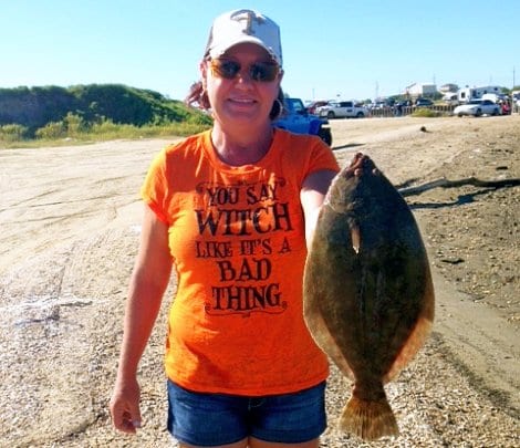 Nice flounder caught on Berkley Big Gulp by Lisa Burchfield from Yantis, TX on 10-26-14, at Rollover Pass