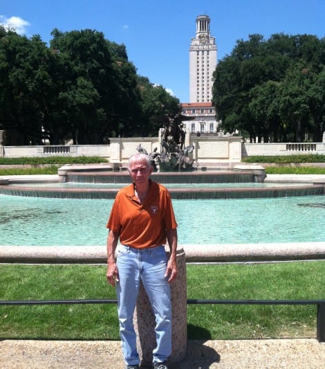 Jim, in front of Littlefield Fountain during an August 2014 visit to the campus of his beloved Texas Longhorns.