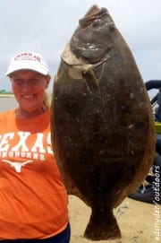 Wading Rollover Bay with live shrimp, Port Bolivar anglerette Nancy Talley freelined the tidbit for this nice flounder