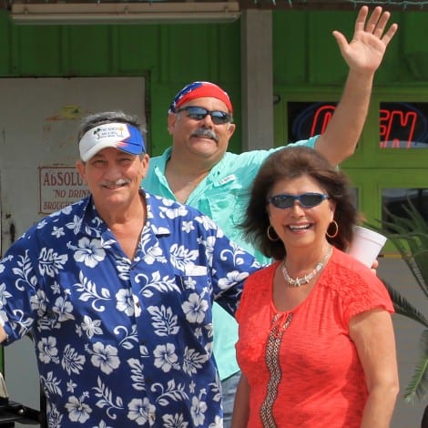 Owners of Tiki Beach Bar & Grill Chris and Karen Gatlin (photobombed by ??) welcomed the Jeepers with breakfast burritos and donuts.