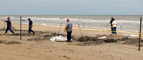 Crews are cleaning up an oil seepage on an isolated section of beach between Crystal Beach and Rollover Pass. The origin of the seepage is unknown at this time. 