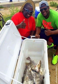 Houston Uncle and Nephew anglers Eric Watts and Even Garden caught this box of specks and drum on the early AM bite