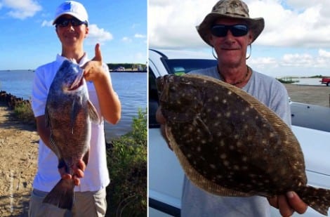 (L) Christian Mongonia of The Woodlands TX nabbed this nice keeper eater drum while fishing live shrimp; (R) High Islander Jackie Bertolino fished berkley gulp for this nice flatfish