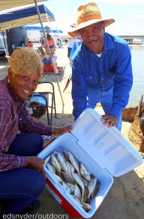 Beaumont Fishing team of JoAnn and Dencil Wheaton fished with live shrimp to load their box up with croaker