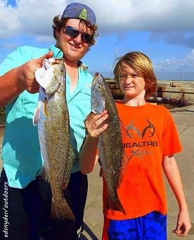 Brothers Kyle and Raedyn Rayon of Devers TX landed these nice specks while fishing shad and finger mullet