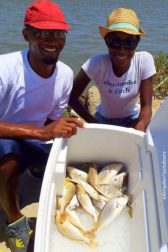 Fishin pals Ricado Desmore and Pokan Reed of Houston fished shrimp to catch this nice box of croaker