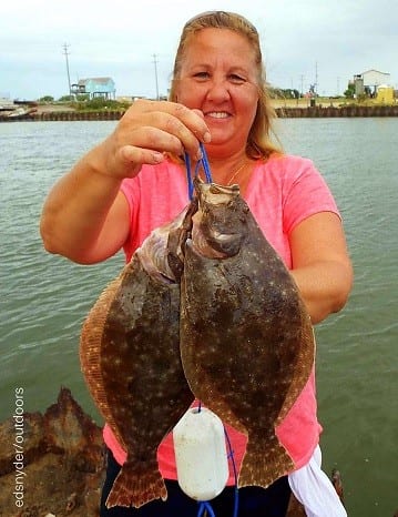 Flounder Pounder Terry Riley of Rollover took these two flatfish on berkley gulp