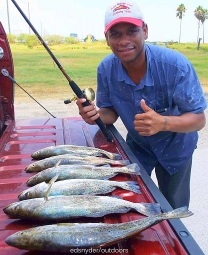 Houston angler Louis Goudeau wade-fished the surf with cocaho soft plastics for these tailgated specks