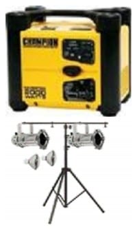 Portable Generators are much smaller and quieter now, shown with a typical light tripod