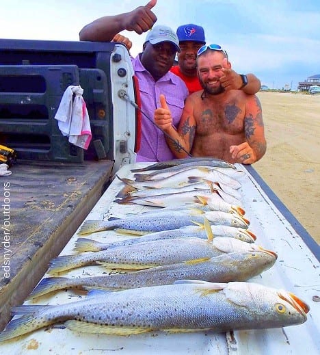 R-L Bubba Lucier, Erik -Hooklip- Morrison, and Mister Del Jon spent thier morning wade-fishing the gulf with top-waters  to tailgate this nice mess-o-trout