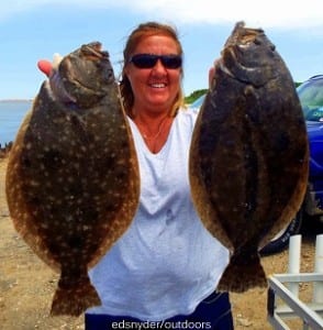 Rollover angler Terrie Riley took these two nice flatfish on gulp and finger mullet