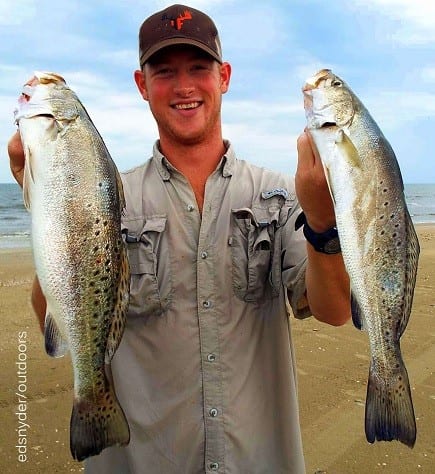 Scott Means of Nome TX took these two nice specks wade-fishing the surf with soft plastics