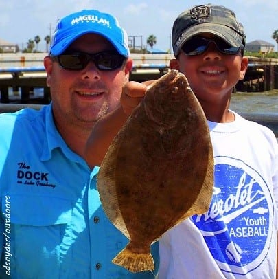 The Father and Son fishing team of Sean and Ethan Reagan of Granbury TX show off this nice flounder caught on shrimp