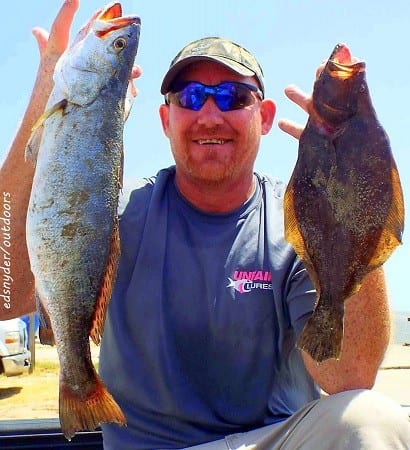Willis TX angler Scott Snell fished glo-shad speck-rigs to catch this nice speck and flounder