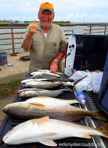Bill Miller of Beaumont tailgates his and Jody Burlin's catch of reds and specks they caught on finger mullet
