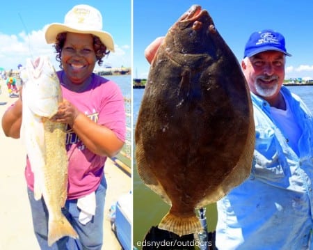 (L) Debra Mills of Houston tagged this nice bull red she caught on a Miss Nancy shrimp; (R) Conroe Angler John Nelson worked a berkley gulp for this nice flounder