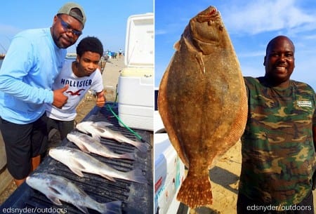 (L) Father-son fishing team Kenneth Tucker SR. and Kenneth JR. took these nice drum while fishing shrimp; (R) Houston angler Winan Allen fished a Miss Nancy shrimp to catch this nice flounde