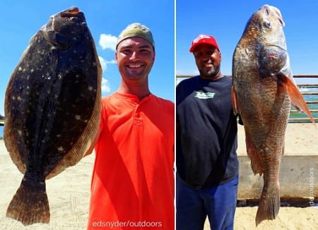 (L) Flounder pounder Scott Ray took this nice flounder on berkley gulp; (R) A BIG KEEPER EATER for Derick Dale of Houston while fishing cracked crab