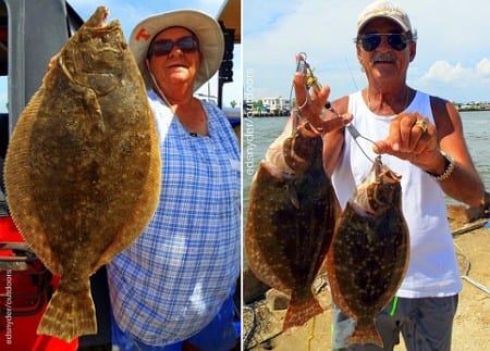 (L) If I shoved it forward any more, stated Poochie Walker, this flounder would become the world record; (R) Henri Fontenot worked berkely gulp to fetch these nice flounder