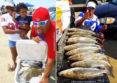 (L) The Morrison Family of Houston teamed up to catch this nice box of specks and flounder fishing berkley gulp; (R) Took this 10 speck limit in less than an hour, grinned Karl Dever of Houston