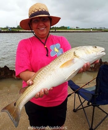 Phyllis Hoffpauir of Port Neches TX fished a Miss Nancy shrimp to catch this nice 26inch slot red