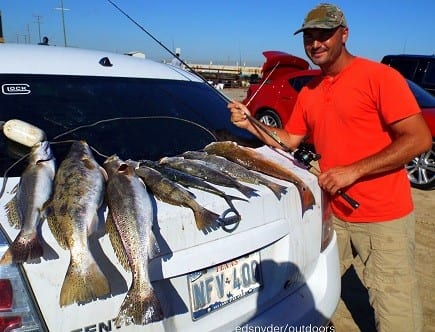 Rollover trout Wrangler Scott Ray worked a Hogan-R to catch this nice mess of trout, spanish mackerel, and redfish. He later caught a flounder which gave him a Texas Slam for the day