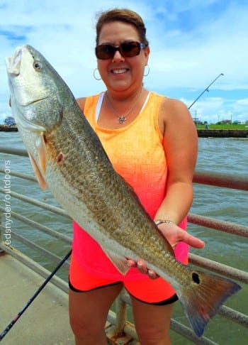 Sheila Perez of Lavernia TX fished live shrimp to fetch this nice 27inch slot red