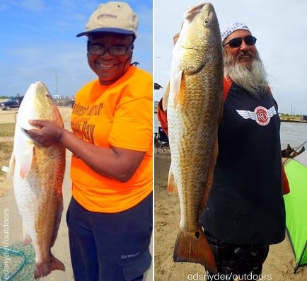 Alice Wright of Houston hefts this HUGE 37inch tagger bull red caught on live shrimp; Vidor TX angler Joe Elliott fished a finger mullet for this nice 28inch slot red
