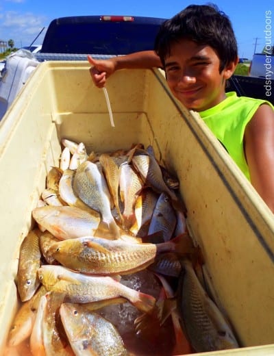 East Chambers ISD Student Roman Rocha of Winnie TX helped fill his family cooler with these awesome croaker caught on shrimp