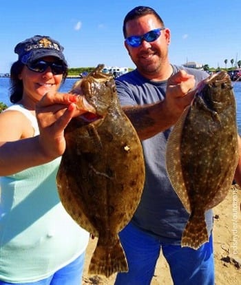 Fishin pals Kevin Bost and darla of Fannett used Miss Nancy finger mullet for these two flounder