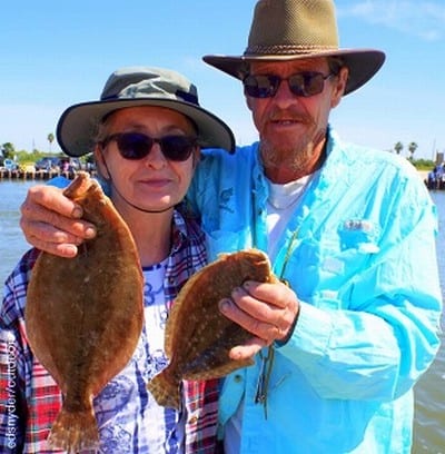 Fishin pals Monica Chishom and Redd Camble of Magnolia TX nabbed these nice flounder while fishing Miss Nancy finger mullet