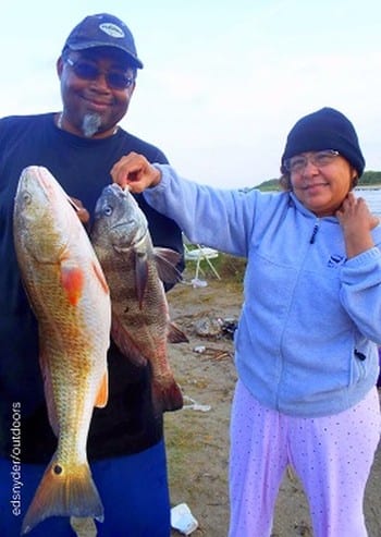 Fishin pals Teofila Spear and Darryl with their red and drum they took on shrimp