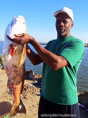 Houston angler Tyrone Johnson caught this 35 inch tagger bull red on a live piggy perch