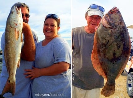 It's mine ALL MINE, stated Billie Haynes of Baytown with her hubby holding up her bragging rights; Rollover Angler Bob Goodman wrangled up this nice flounder fishing a live finger mullet