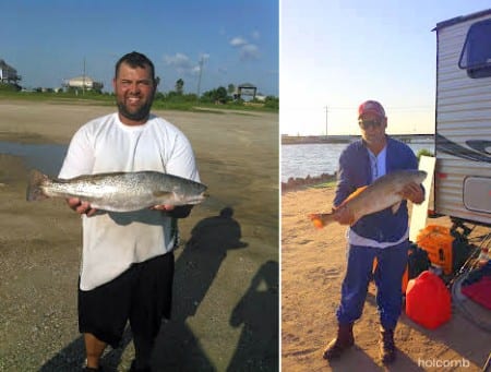 (L) Gary landed this nice trout; (R) Terry Holcomb of Texas City TX caught and released this nice 39inch tagger bull red he took on a finger mullet