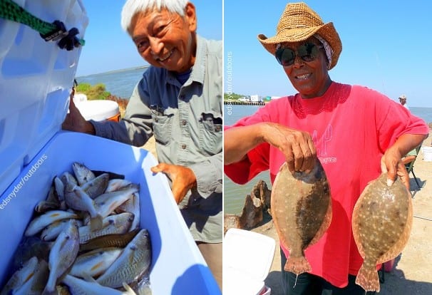 (L) Houston angler Ching Lee ; (R) I'm learning how to catch flounder