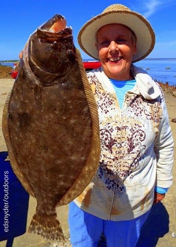 Spring TX anglerette Lucille Harris had one heck of a fight getting this doormat flounder in she caught on a Miss Nancy finger mullet