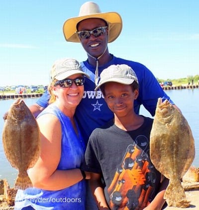 The Rodney Jones Family of Austin TX show off their stuffed flounder supper they caught on berkely gulp
