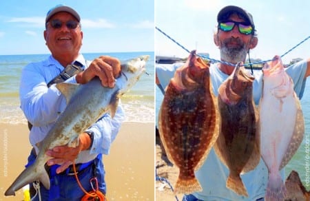 Three foot shark and light tackle in the surf equals lots of fun, just ask Moses Mata of Houston; Rollover Wrangler Alton Thorpe hefts these nice flounder caught on gulp