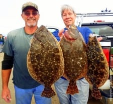 Baywader Couple Mr and Mrs Shaedler of Buffalo TX teamed up with Cajun rigs tipped with shrimp for these nice flounder