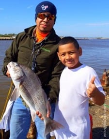 Father and son anglers Emilio and Nathan Gonzalez of Houston took this nice drum fishing shrimp